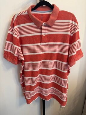 Lands' End Men's Coral Red and White Striped Polo Shirt Size XL